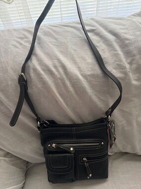 Tignanello Black Leather Crossbody with Stitching and Silver Hardware